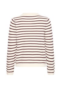 Pull à manches longues avec des rayures horizontales rouge foncé sur fond blanc, vu de dos sur un fond blanc uni.