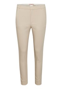 Pantalones de vestir beige con una textura suave, corte ajustado y bolsillos frontalmente. Cuentan con un cierre de cremallera y pasadores para cinturón.