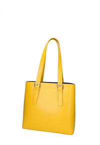 Borsa tote in pelle gialla con due lunghe tracolle, forma rettangolare, texture liscia e dettagli in metallo argentato.