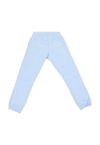 Light blue sweatpants with a relaxed fit, elastic waistband, and cuffed ankles. Features a single back pocket with contrasting stitching.