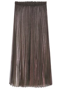 Plissé midi-jurk in donkerbruin met een gestructureerde afwerking, voorzien van een elastische tailleband en een vloeiende silhouet.