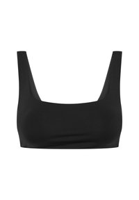 Czarny biustonosz z kwadratowym dekoltem, szerokimi ramiączkami i gładkim, elastycznym materiałem. Prosty design bez ozdób czy wzorów.