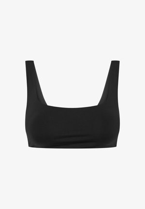 Czarny biustonosz z kwadratowym dekoltem, szerokimi ramiączkami i gładkim, elastycznym materiałem. Prosty design bez ozdób czy wzorów.