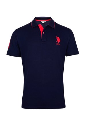 Marineblaues Poloshirt mit rotem Kragen und Akzenten. Verfügt über ein gesticktes Logo auf der linken Brust und eine Zwei-Knopf-Leiste. Hergestellt aus Baumwollmaterial.