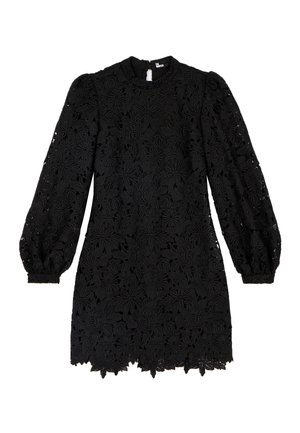 Robe en dentelle noire à manches longues avec des motifs floraux, des manches bouffantes, un ourlet en forme de vagues et une fermeture à l'arrière en forme de trou de clé.