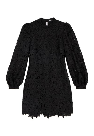 Schwarzes, langärmliges Spitzenkleid mit floralen Mustern, puffärmeligen Ärmeln, gewelltem Saum und Schlüsselaugenverschluss im Rücken.