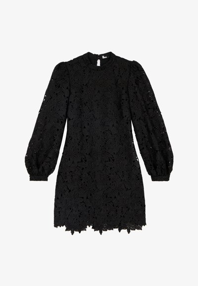 Schwarzes, langärmliges Spitzenkleid mit floralen Mustern, puffärmeligen Ärmeln, gewelltem Saum und Schlüsselaugenverschluss im Rücken.