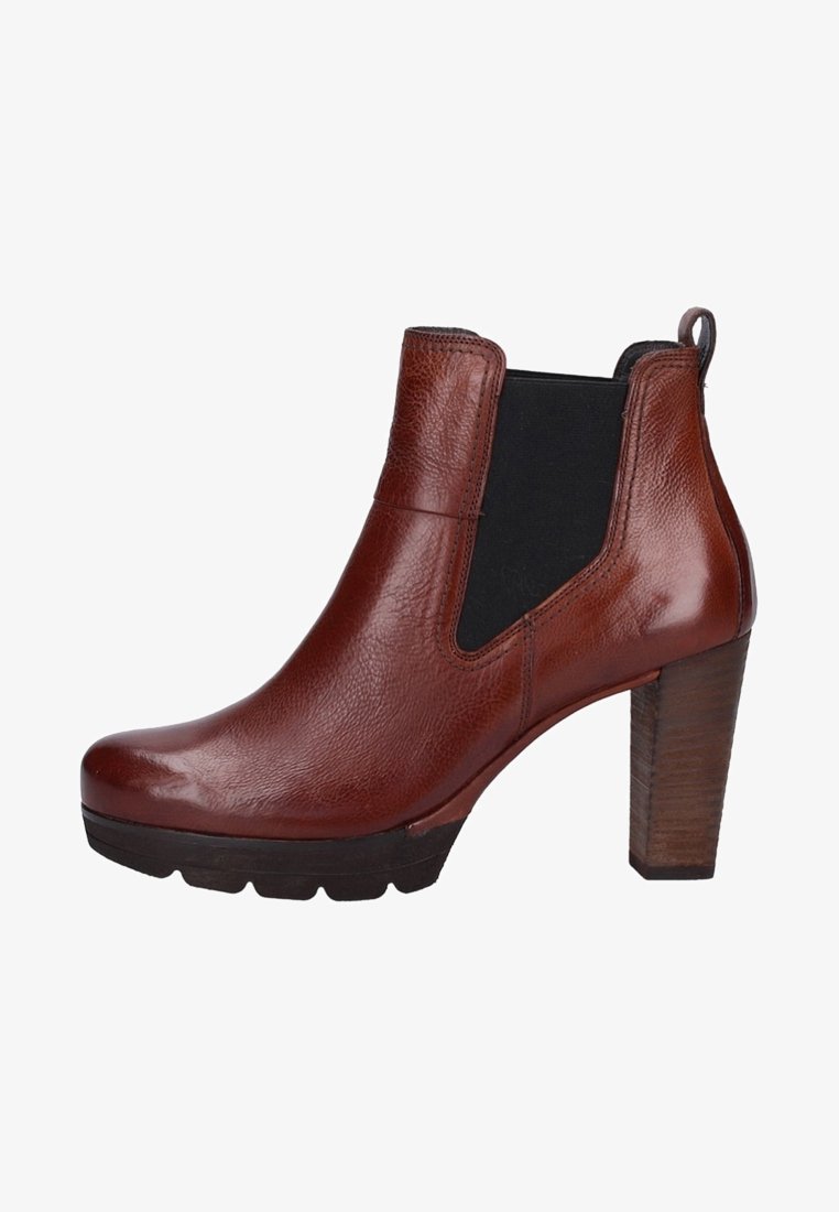 Brown leather ankle boot with elastic panels, high wooden heel, smooth texture, and rounded toe. Durable sole with slight tread.