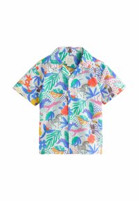 Camicia a maniche corte con bottoni caratterizzata da una vivace stampa floreale e animale in vari colori su uno sfondo chiaro, realizzata in tessuto leggero.