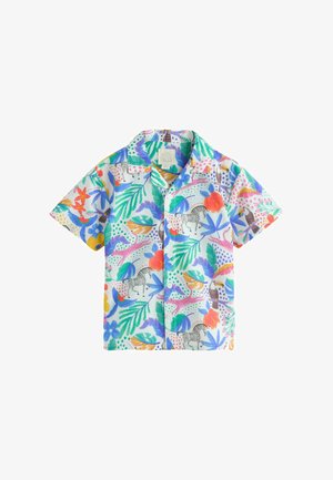 Kurzärmliges Button-Down-Hemd mit einem lebhaften Blumen- und Tiermuster in verschiedenen Farben auf einem hellen Hintergrund, aus leichtem Stoff gefertigt.