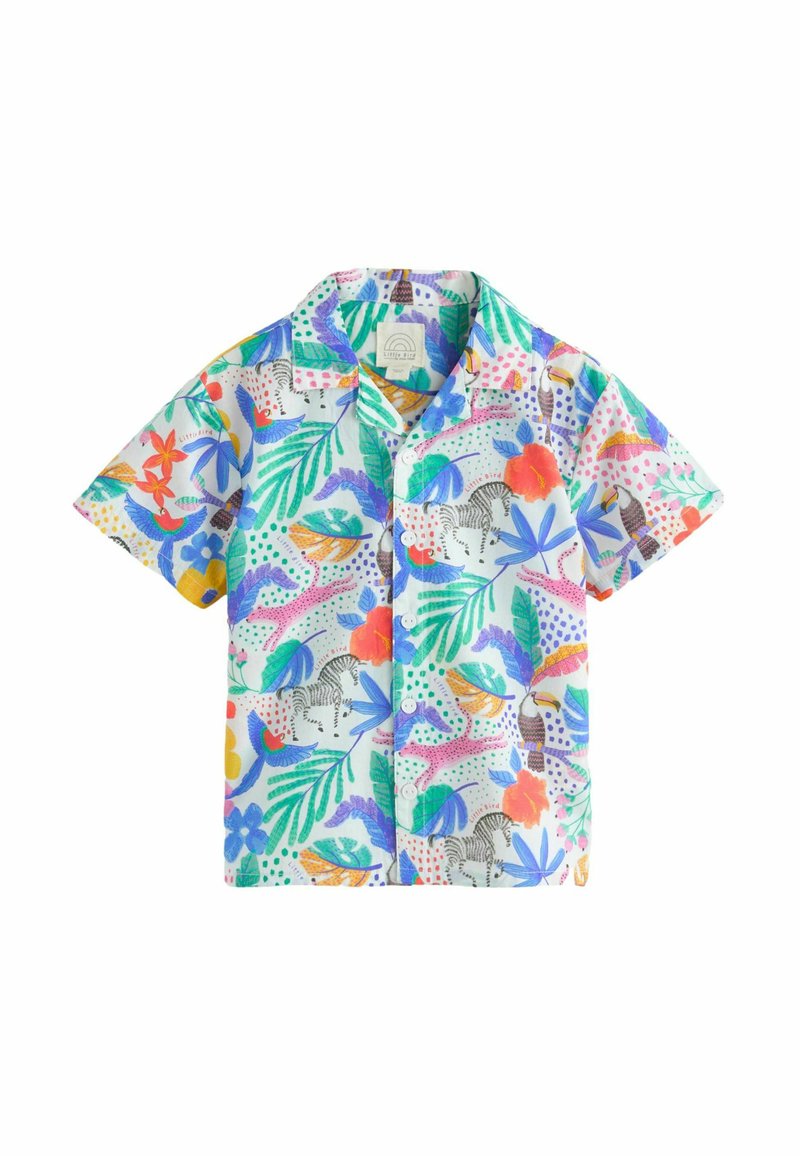 Camicia a maniche corte con bottoni caratterizzata da una vivace stampa floreale e animale in vari colori su uno sfondo chiaro, realizzata in tessuto leggero.