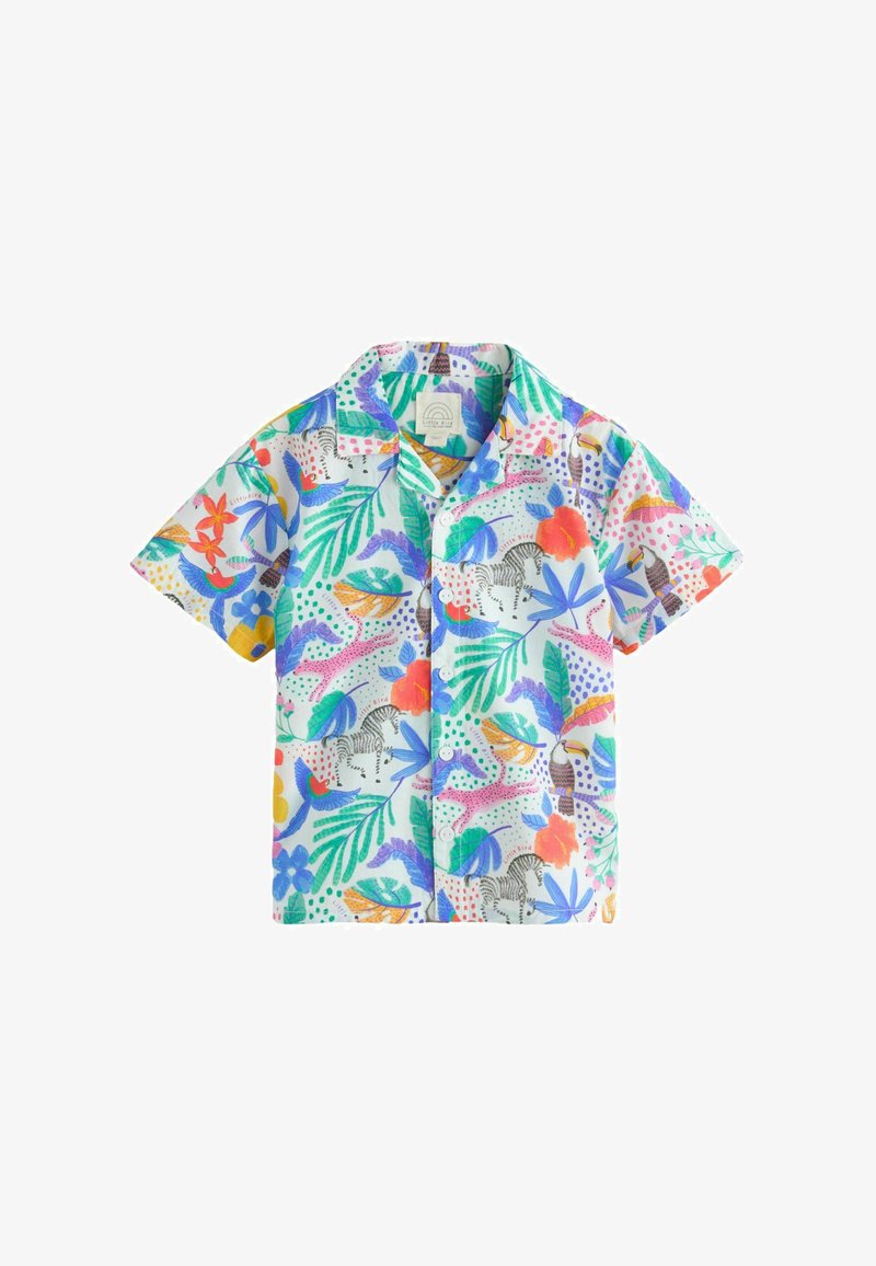 Trumpai rankovės mygtukais marškiniai, pasiruošę su ryškiu gėlių ir gyvūnų raštu įvairiomis spalvomis šviesiame fone, pagaminti iš lengvos medžiagos.