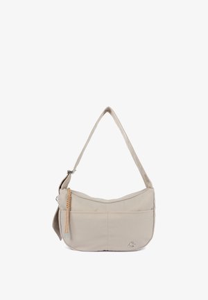 Sac à bandoulière beige avec une seule sangle, poche avant, détail de gland tressé et petit logo métallique dans le coin inférieur droit.