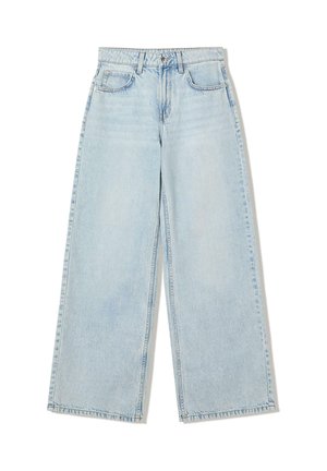 Ljusblå vida jeans i denim som har hög midja, femfickarsdesign och synlig sömnad längs sömmarna.