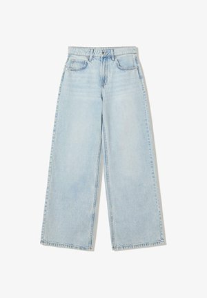 Jeans in denim azzurro chiaro a gamba larga, con vita alta, design a cinque tasche e cuciture visibili lungo le cuciture.