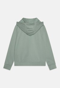 Haut à capuche vert clair avec un cordon de serrage, des poignets et un ourlet côtelés, présentant une texture douce et un design simple et épuré.