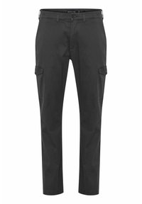 Black cargo trousers made of cotton blend. Features two side pockets, a button closure, and a straight-leg design. Smooth texture.