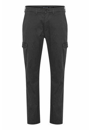 Black cargo trousers made of cotton blend. Features two side pockets, a button closure, and a straight-leg design. Smooth texture.