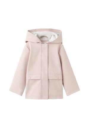 Impermeabile rosa chiaro per bambini con cappuccio, chiusura a patta frontale e due tasche con bottoni all'altezza della vita.