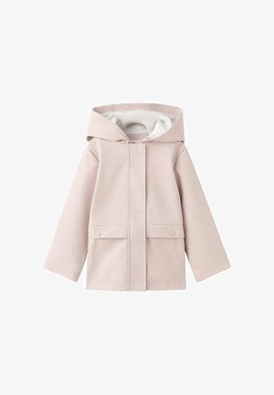 Impermeabile rosa chiaro per bambini con cappuccio, chiusura a patta frontale e due tasche con bottoni all'altezza della vita.