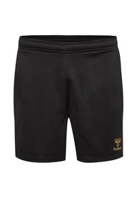 Zwarte sport shorts gemaakt van lichtgewicht stof, met een elastische tailleband en een gouden logo aan de onderkant rechts.