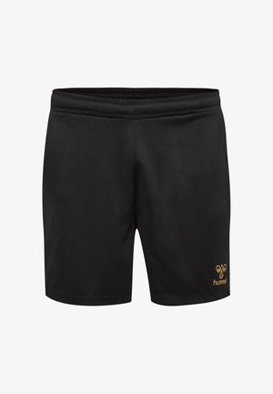 Black athletic shorts made of lightweight fabric, featuring an elastic waistband and a gold logo on the lower right side.