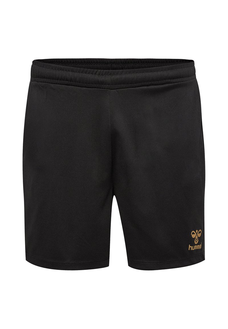 Zwarte sport shorts gemaakt van lichtgewicht stof, met een elastische tailleband en een gouden logo aan de onderkant rechts.