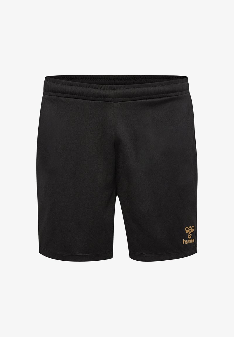 Zwarte sport shorts gemaakt van lichtgewicht stof, met een elastische tailleband en een gouden logo aan de onderkant rechts.
