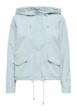 Svetlomodrá bunda s kapucňou na zips, elastickým lemom, dvoma prednými vreckami a šnúrkami. Vyrobená z hladkého, ľahkého materiálu.