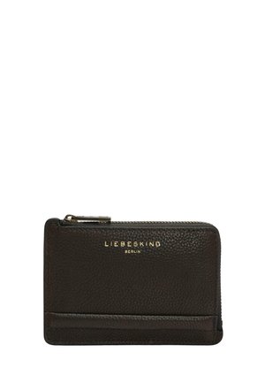 Portefeuille zippé en cuir noir avec surface texturée et logo doré "Liebeskind Berlin" embossé sur le devant.