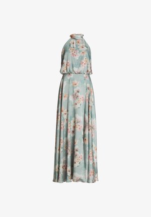 Bloemen maxi-jurk in lichtblauw met een hoge hals, korte mouwen en een vloeiende silhouet. Heeft een patroon van roze en witte bloemen.