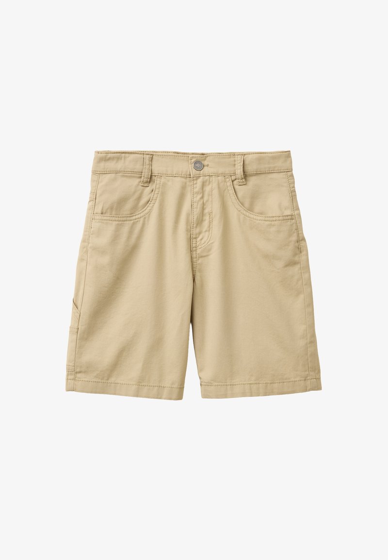 Beige knee-length shorts with front pockets, button closure, belt loops, and a side pocket on the left leg.