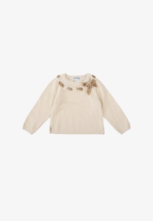 Pull couleur crème à manches longues, texture douce et col rond. Orné de nœuds décoratifs le long du col et d'un nœud d'accent sur le côté.