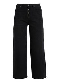 Černé široké džíny vyrobené z denimu, s vysokým pasem a pěti knoflíky na zapínání, se klasickým modrým prošitím.