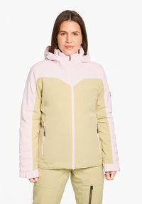 Snow jacket featuring a pastel pink and green color scheme, zippered pockets, hood, and a textured stitched design on sleeves.