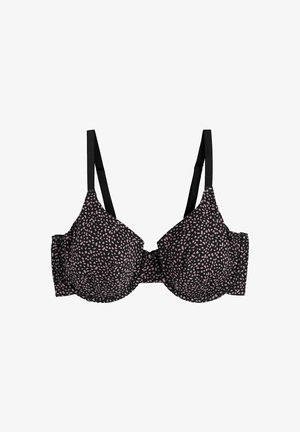 Sutien negru cu un model stropit cu roz, design cu arcuri, bretele negre ajustabile și detaliu de închidere frontală. Textură de țesătură moale.