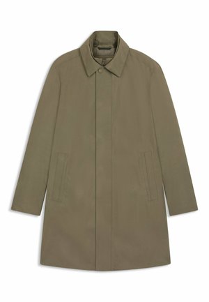 Olijfgroen jas met een gestructureerde kraag, lange mouwen, twee voorzakken en een knoopsluiting. Zachte textuur, knielengte ontwerp.