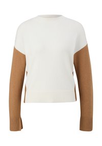 Pull à col rond avec un corps blanc et des manches longues marron, bords côtelés aux poignets et à l'ourlet, et fentes sur les côtés aux poignets.