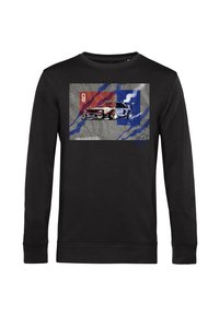 Felpa nera a maniche lunghe con grafica di una macchina da corsa su uno sfondo grigio, con accenti rossi e blu. Materiale in cotone, collo a giro.