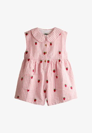 Roosa ja valge ruuduline varrukateta romper ümarate kraega, puidust nööpide, esitaskute ja punaste maasikate tikandiga üle kogu.