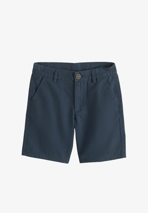 Marineblaue Baumwollshorts mit Knopfverschluss, Gürtelschlaufen und seitlichen Fronttaschen, flach auf einem weißen Hintergrund liegend.