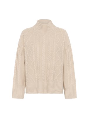 Beige cable knit turtleneck sweater with ribbed hem and wide sleeves, featuring textured patterns and a soft, cozy finish.