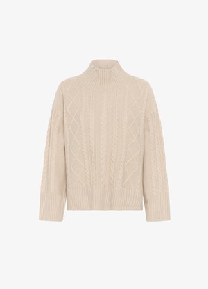 Beige cable knit turtleneck sweater with ribbed hem and wide sleeves, featuring textured patterns and a soft, cozy finish.
