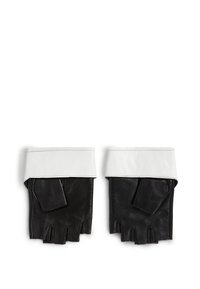 Un paio di guanti in pelle nera senza dita con ampie m cuffs bianche, disposti su uno sfondo bianco.