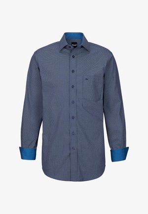 Camicia a maniche lunghe a quadretti blu con colletto e polsini blu uniformi, taschino singolo sul petto e chiusura con bottoni.