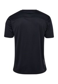 Zwarte sportshirt met korte mouwen, gemaakt van glad, vochtregulerend materiaal. Heeft een ronde hals en platte naden voor extra comfort.