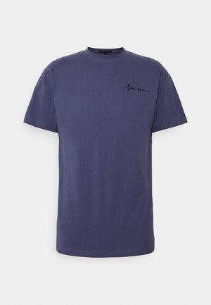 Navy blue short-sleeve crew neck T-shirt with small black script logo on left chest against white background.