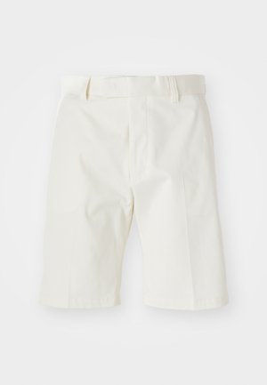 White cotton shorts with a straight cut, featuring a flat front, belt loops, and a smooth texture. No visible patterns or accents.