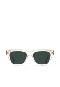 Occhiali da sole trasparenti in plastica con montatura rettangolare e lenti verde scuro. Dettagli dorati alle tempie arricchiscono il design minimalista.