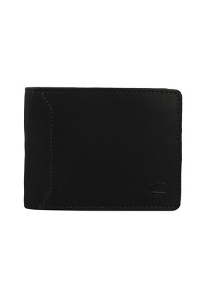 Portefeuille en cuir noir avec une texture lisse, de forme rectangulaire, avec des coins arrondis, des coutures contrastées et un logo subtil embossé sur le devant.